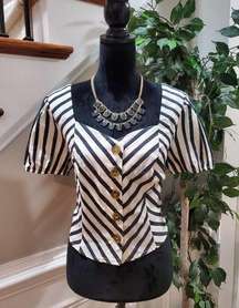 June Hudson Women's Cream Black Striped Sweetheart Neck Button Down Shirt Medium