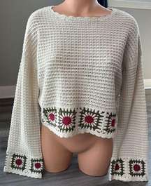 Sincerely Jules Ivory Knit Floral Cropped Boxy Sweater Size XS Hippie