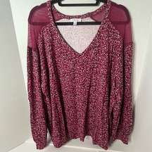 SkinnyGirl Mesh Shoulder Long Sleeve V-Neck Berry Sweatshirt Blouse Size 3X New!