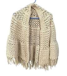 Vintage boho handwoven cream fringe shawl wrap festival hippie.