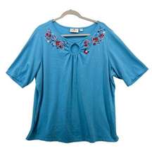 Quacker Factory Embroidered Shirt 1X Turquoise SS Jersey Knit Floral *Tiny Flaw