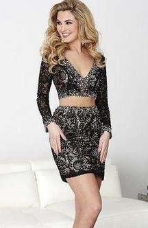 Hannah S Formal 2 Pc Mini Skirt Crop Top Black Womens Size 2 Lace Overlay Sequin