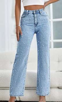 Pearl Beaded Flare Leg Light Wash Jeans 