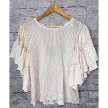 Pilcro Anthropologie Sybil Tan Striped Blouse Ruffle Sleeve Cutout Back Size XS