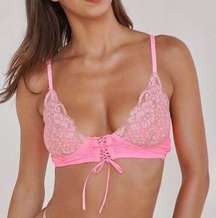 We Are HAH Bust Thru Bralette Lace Bow Barbie Pink Stretchy Loungewear Bra New M