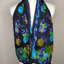 Oscar de la Renta Vintage Black and Floral‎ Silk Scarf With Fringe