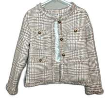 Beloved neutral pink fringe trim houndstooth tweed blazer size small