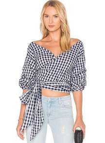 Lovers and Friends X REVOLVE Bow Wrap Gingham Navy White Blouse Size M