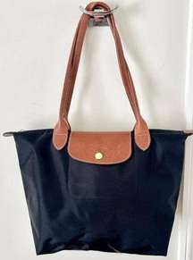 Longchamp Le Pliage Medium Nylon Shopping Tote Bag Black Brown Leather Trim