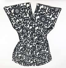 Natori Silk Road Black White Flora Print Satin Square Caftan Pajama Lounge Dress