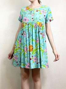 Vintage Maria Bay Blue Fruit & Floral Pattern Babydoll Mini Dress