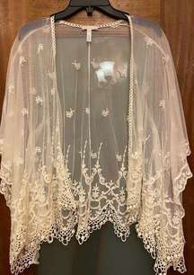 Leith Sheer Beige Women Embroidered Cape Shrug Coverup Boho XS/S Runs full !