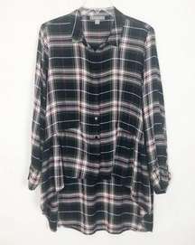 Peace & Pearls High-Low Button Front Plaid Shirt Tunic