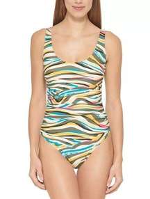 DKNY Animal Print Multi Mesh Side-Stripe Ruched One-Piece Swimsuit Size 10 NWT