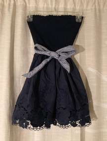 Navy Blue Floral Strapless Dress With Gingham Ribbon