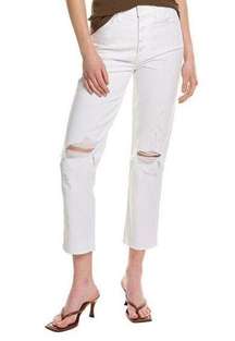 7 For All Mankind High Waist Cropped White Straight Button Fly Jean Size 28