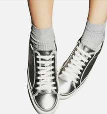 Free People Silver Metallic & White Platform Letterman Sneakers Size 10M