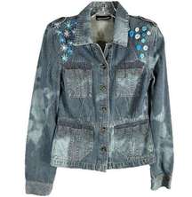 DKNY Small Jean Jacket Reworked Denim Hand Embroidered Bleached Distressed 509