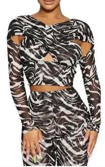 NWT Naked Wardrobe Zebra Print Cut Out Long Sleeve Mesh Top