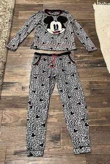 EUC  Grey Mickey Mouse Cheetah Print Fleece Pj Set Juniors Size XS