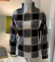 TAHARI Window Pane Plaid Black White Yellow Long Sleeve Mock Neck Sweater L