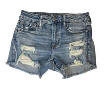 AEO Medium Wash Crochet Wash Hi-Rise Shortie Shorts 4