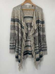 Cabi Shetland Fringed Cardigan Sweater Open Front Longline Duster Gray Cream XXS