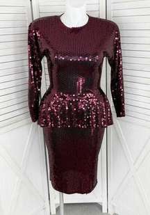 Vintage Oleg Cassini Sequin Peplum Sheath Party Dress Maroon Red 10 Long Sleeve