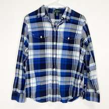 LRL Lauren Jeans Co Shirt Womens Medium Blue Plaid Button Up Blouse Roll Tab