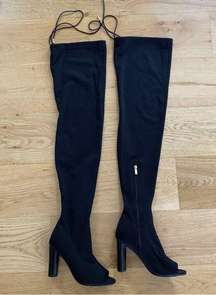 Ego Shoes Over the Knee Open Toe Boots in Black