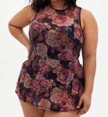 | Rose Floral Underwire Short Mesh Overlay Swim Dress | Size 3DD/F Flaw