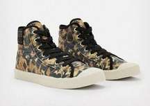 AllSaints Demmy Celia High Top Sneakers Leopard Canvas Round Toe Tan Black US 8