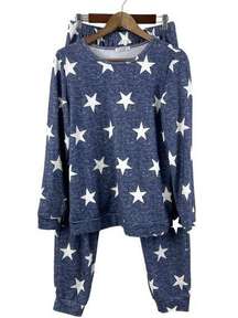 Ekouaer Pajama Set Womens M Brushed Knit Patriotic Stars Blue Athlesiure USA