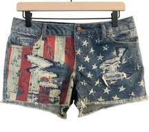 ABS By Allen Schwartz Distressed Denim Flag Americana Patriotic Shorts