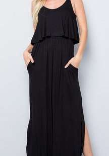 Sweet Lovely Long Maxi Dress Boho With Slit and Ruffle Top Black Large