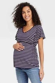 NWT XS Isabel Maternity Navy Striped Flutter Sleeve Maternity Shirt Top