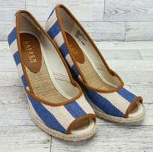 Lauren Ralph Lauren Isis Espadrille Peep Toe Wedge Sandals Blue Cream Si