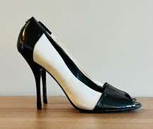 Two-Tone Black & Cream Suede & Patent Leather Peep Toe Heels 8