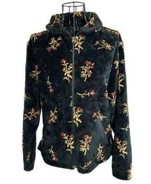 VTG  Sherpa Fleece Botanical Floral Print Jacket Black Size Small