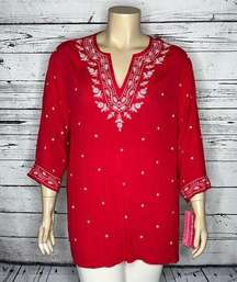 Cathy Daniels Woman NWT 2X Dark Pink - White Embroidered Rayon Gauze Top Shirt