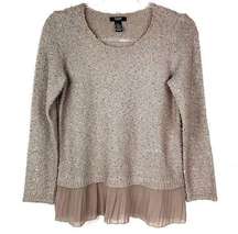 Light Brown Sequin Peplum Pleated Knit Long Sleeve Sweater Top Small