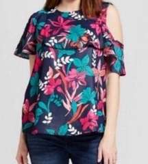 NEW Isabel Maternity Pregnancy Floral Cut Out Shoulder Blouse Pink Small XS