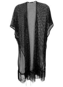 Just Be One Size Swim Cover Up Mesh Tasseled Black Swimwear Short Sleeve 1222