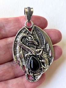 Dragon Natural Black  Sterling Silver 2.4” Pendant