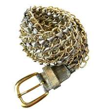 Gold Chainlink and Silver Leather Twist  Womens Belt 38 inches long Buckle Disco