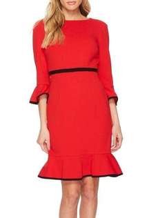 NY & Co Stretch Red Bell-Sleeve Dress w/Black Trim, Size M