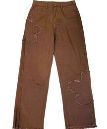 NWT ~ Brown Raw Edge Hem & Frayed Flowers Denim Jeans Pants ~ Women's MEDIUM