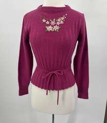 Vintage 90s Floral Embroidered Sweater Crew Neck Laced Cinch Waist Magenta M