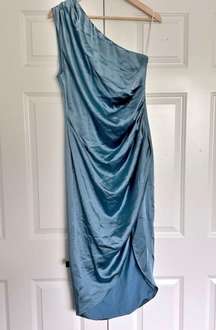 | Cassini Cadet Blue Satin One Shoulder Midi Dress Rouched | Size Large