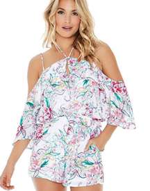 L* SPACE White Floral Seaside Halter Romper medium 